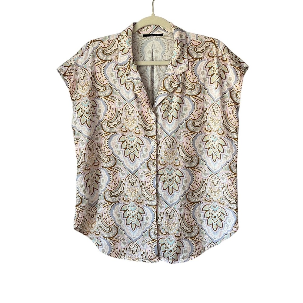 T Tahari Womens Linen Blend Paisley Button Down Sleeveless Shirt Blue Pink M